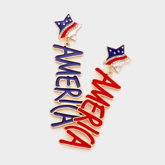 Dangling AMERICA Earrings, Patriotic Jewelry - Picture 1 of 1